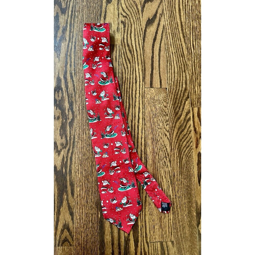 SpecialTies Hallmark Men's Red Santa Golfing Penguins Tie Holiday 100%‎ Silk EUC - Picture 2 of 8